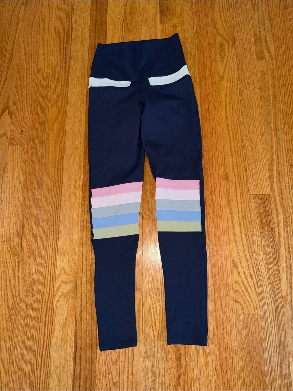 Woman ' Navy Rainbow Leggings with Pastel Stripe Accents